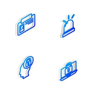 Set Isometric line Motion sensor, Identification badge, Human head with lock  Stock Illustration