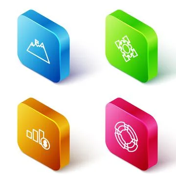 Set Isometric line Mountains with flag, Project team base, Pie chart and dollar Stock Illustration