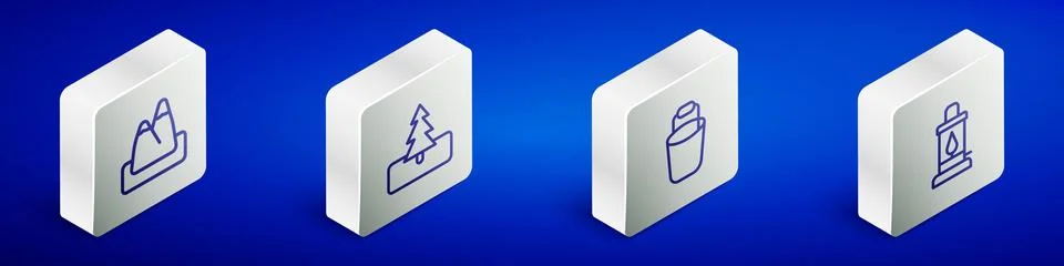 Set Isometric line Mountains, Tree, Bucket and Camping lantern icon. Vector Stock Illustration