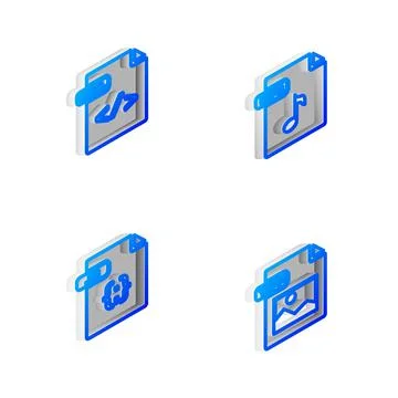 Set Isometric line MP3 file document, HTML, JS and TIFF icon. Vector 스톡 일러스트