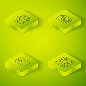 Set Isometric line MP4 file document, Backstage, Storyboard and Actor trailer Illustrazione stock
