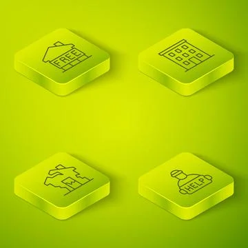 Set Isometric line Multi storey building, Ruined house, Help homeless and Ilustración de archivo