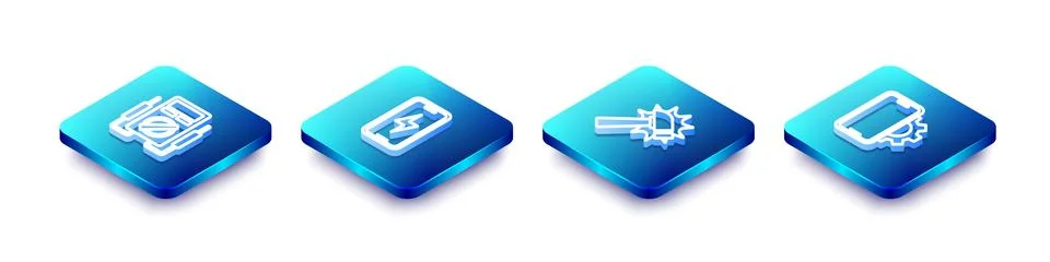 Set Isometric line Multimeter, Mobile charging battery, Hammer and Phone re.. Stock Illustration
