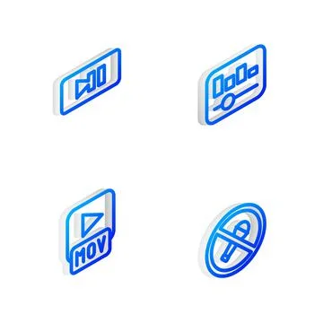Set Isometric line Music equalizer, Pause button, MOV file and Mute microphone Illustrazione stock