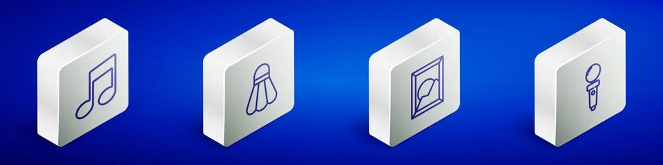 Set Isometric line Music note, tone, Badminton shuttlecock, Picture landscape Stock Illustration
