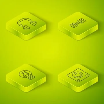 Set Isometric line Music note, tone, Pause button, Drum machine and Headphones Stock Illustration