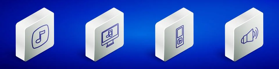 Set Isometric line Music note, tone, Computer with music, player and Megaph.. Stock Illustration