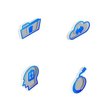 Set Isometric line Music streaming service, Delete folder, Head with low batt Stock Illustration