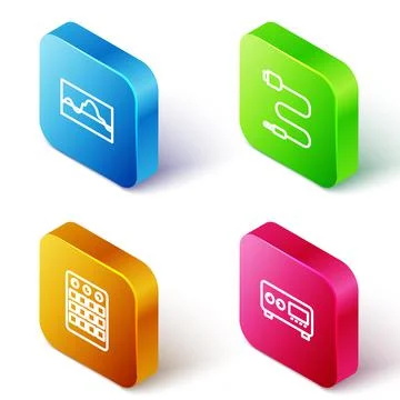 Set Isometric line Music wave equalizer, Audio jack, Drum machine and Guitar Stock Illustration