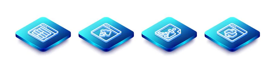 Set Isometric line MySQL code, Cloud technology data transfer, Flowchart and 스톡 일러스트