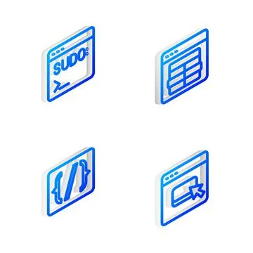 Set Isometric line MySQL code, Code terminal, Programming language syntax and Stock Illustration