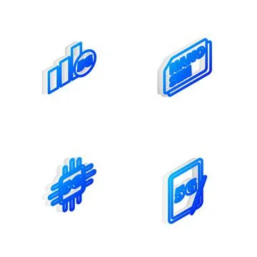 Set Isometric line Nano Sim Card, 5G network, Processor and Graphic tablet with Stock Illustration