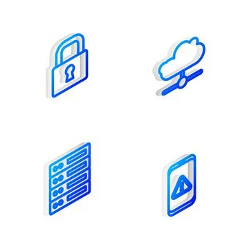 Set Isometric line Network cloud connection, Lock, Server, Data, Web Hosting and Illustrazione stock
