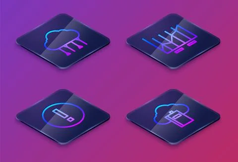 Set Isometric line Network cloud connection, Information, Pie chart infographic Illustrazione stock