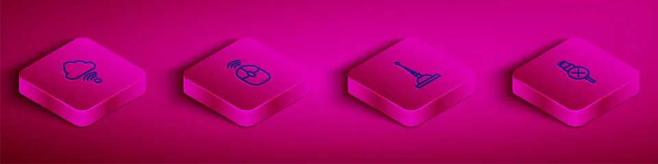 Set Isometric line Network cloud connection, Wireless computer mouse, Antenna Stock Illustration