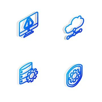 Set Isometric line Network cloud connection, Monitor with exclamation mark, S Illustrazione stock