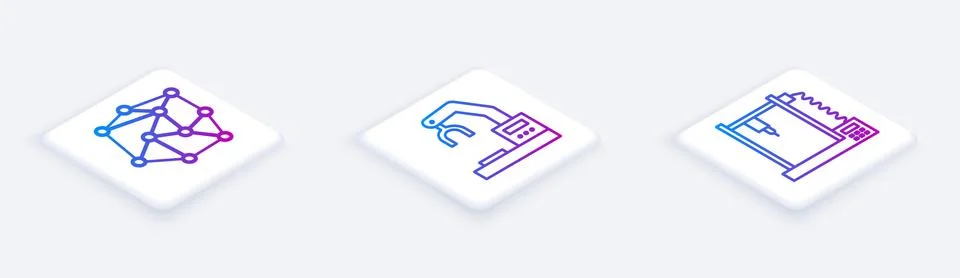 Set Isometric line Neural network, Robotic robot arm hand factory and 3D printer Stock Illustration