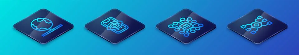 Set Isometric line Neural network, Global technology, and Computer vision icon Stock Illustration
