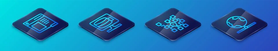 Set Isometric line Neural network, Browser window, Global technology and Cloud Stock Illustration