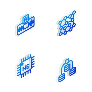 Set Isometric line Neural network, Artificial intelligence AI, Processor CPU and Illustrazione stock