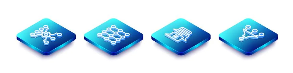Set Isometric line Neural network, Chat bot and Funnel filter icon. Vector Stock Illustration