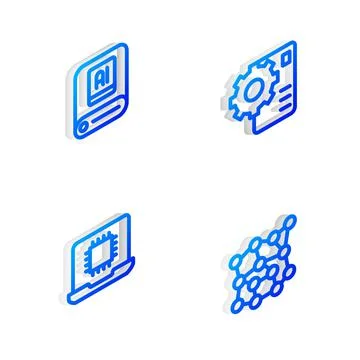 Set Isometric line Neural network, Artificial intelligence AI, Processor CPU and Illustrazione stock
