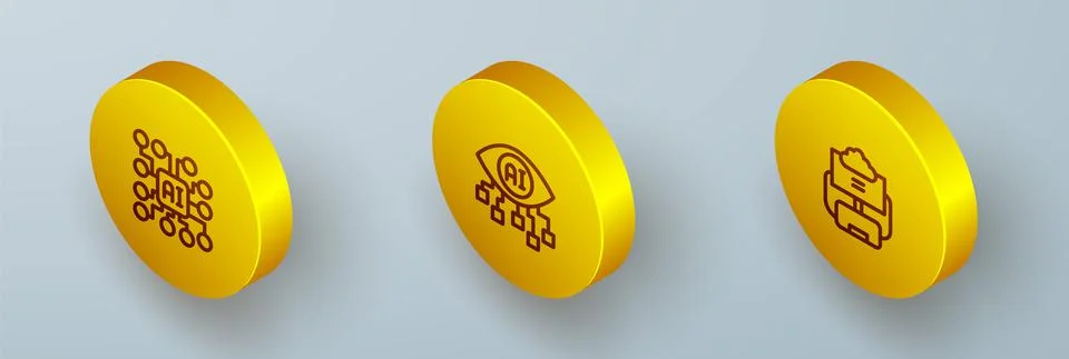 Set Isometric line Neural network, Computer vision and Cloud database icon Illustrazione stock