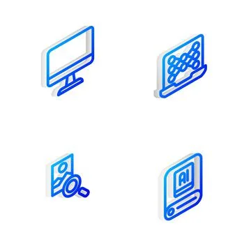 Set Isometric line Neural network, Computer monitor, Photo retouching and Art 스톡 일러스트