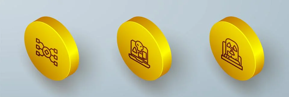 Set Isometric line Neural network, Internet piracy and Radioactive warning la Stock Illustration