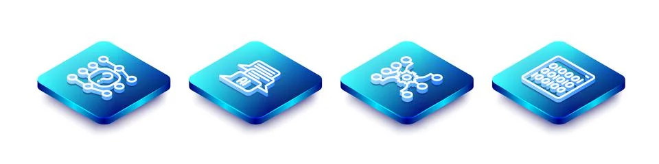 Set Isometric line Neural network, Chat bot,  and Binary code icon. Vector Stock Illustration