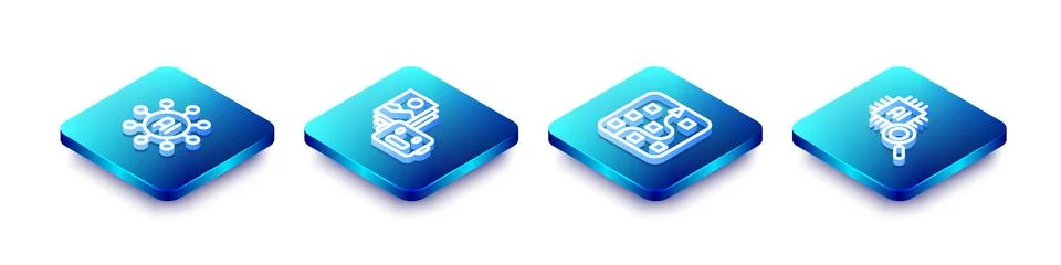 Set Isometric line Neural network, Artificial intelligence robot, and Processor Illustrazione stock