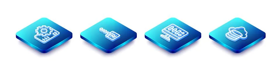 Set Isometric line Neural network, Binary code, Algorithm and Cloud database 스톡 일러스트