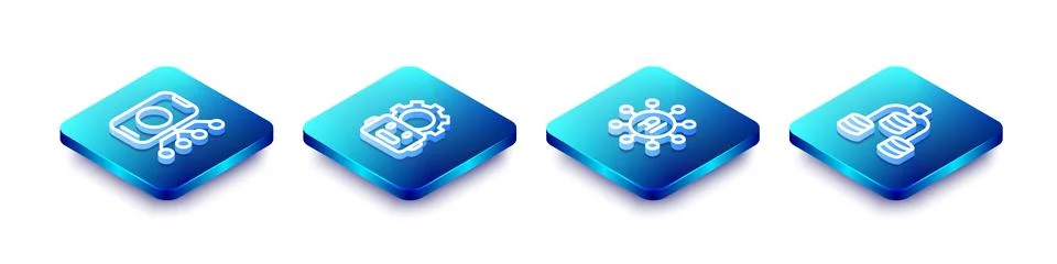 Set Isometric line Neural network, Robot setting,  and Server, Data icon. V.. Stock Illustration