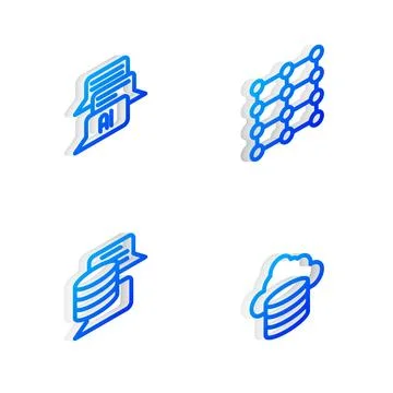 Set Isometric line Neural network, Chat bot, Server, Data and Cloud databas.. Stock Illustration
