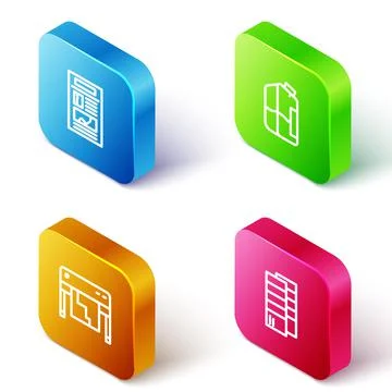 Set Isometric line News, Printer ink bottle, Plotter and Pantone icon. Vector Illustrazione stock