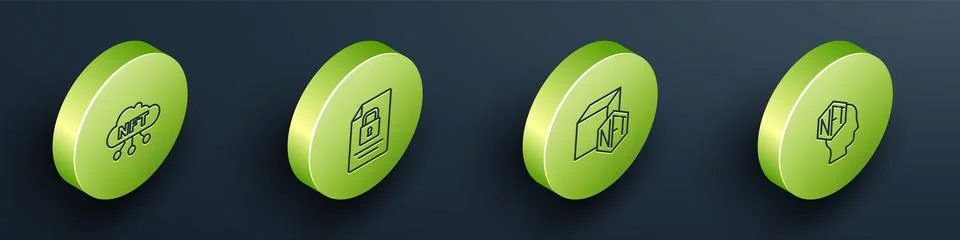 Set Isometric line NFT cloud, Document and lock, Digital crypto art and icon Stock Illustration