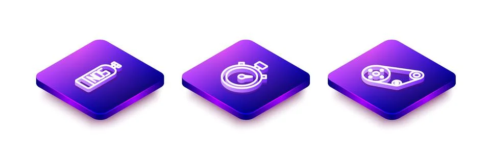 Set Isometric line Nitrous oxide, Stopwatch and Timing belt kit icon. Vector Illustrazione stock