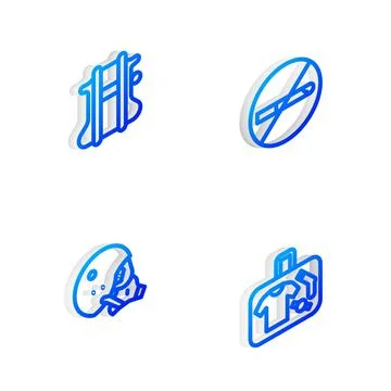 Set Isometric line No Smoking, Parachute, Modern pilot helmet and Suitcase icon 스톡 일러스트