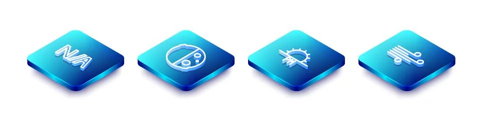 Set Isometric line Not applicable, Eclipse of the sun, Sunset and Wind icon.  Illustrazione stock
