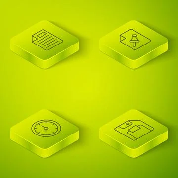 Set Isometric line Note paper with push button, Clock, Floppy disk and File Stock Illustration