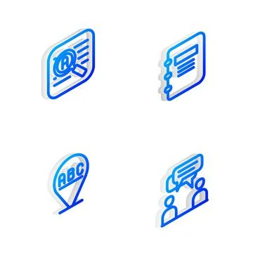 Set Isometric line Notebook, Translator, Alphabet and Two sitting men talking Illustrazione stock