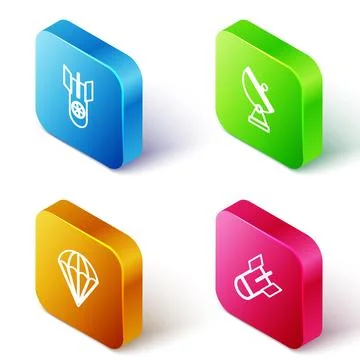 Set Isometric line Nuclear bomb, Radar, Parachute and Aviation icon. Vector Illustrazione stock