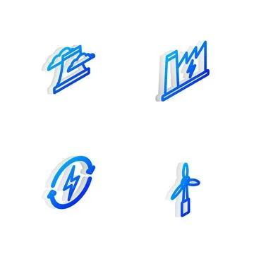 Set Isometric line Nuclear power plant, , Recharging and Wind turbine icon... Stock Illustration