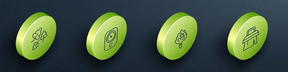 Set Isometric line Oak leaf, Sauna thermometer, broom and brush icon. Vector Stock Illustration