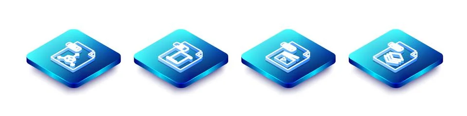 Set Isometric line OBJ file document, JS, MOV and PSD icon. Vector Illustrazione stock
