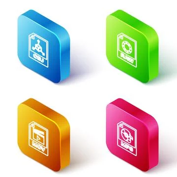 Set Isometric line OBJ file document, RAW, MOV and MP3 icon. Vector Stock Illustration