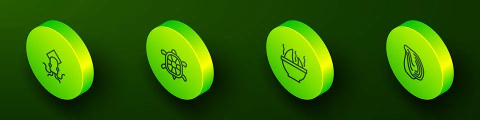 Set Isometric line Octopus, Turtle, Shark fin soup and Mussel icon. Vector 스톡 일러스트