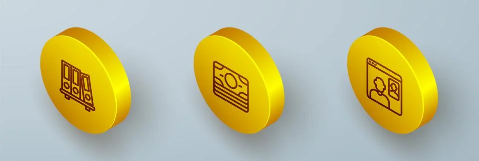 Set Isometric line Office folders, Stacks paper money cash and Video chat Stock Illustration