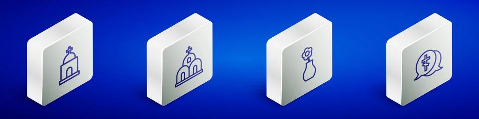 Set Isometric line Old crypt, Church building, Flower vase and Grave with cross Ilustración de archivo