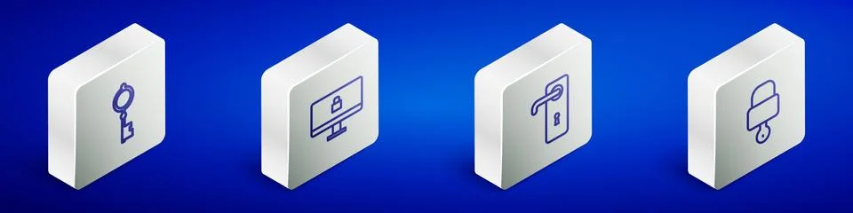 Set Isometric line Old key, Lock on computer monitor, Door handle and icon Stock Illustration